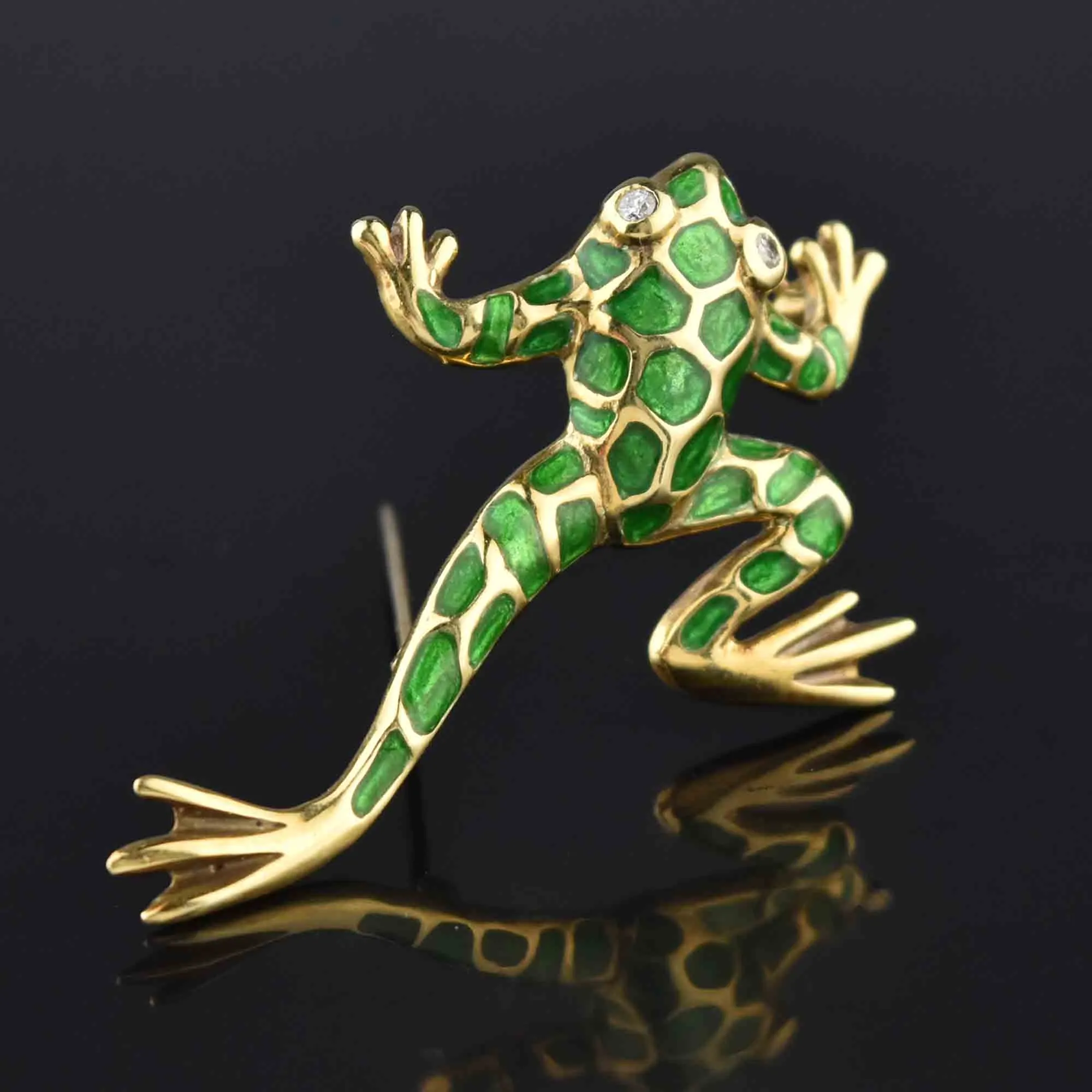 Large 14K Gold Green Enamel Diamond Frog Brooch