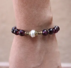 Love, Genuine Garnet Gemstone Mala Bracelet with Tibetan Capped Pearl Guru Bead