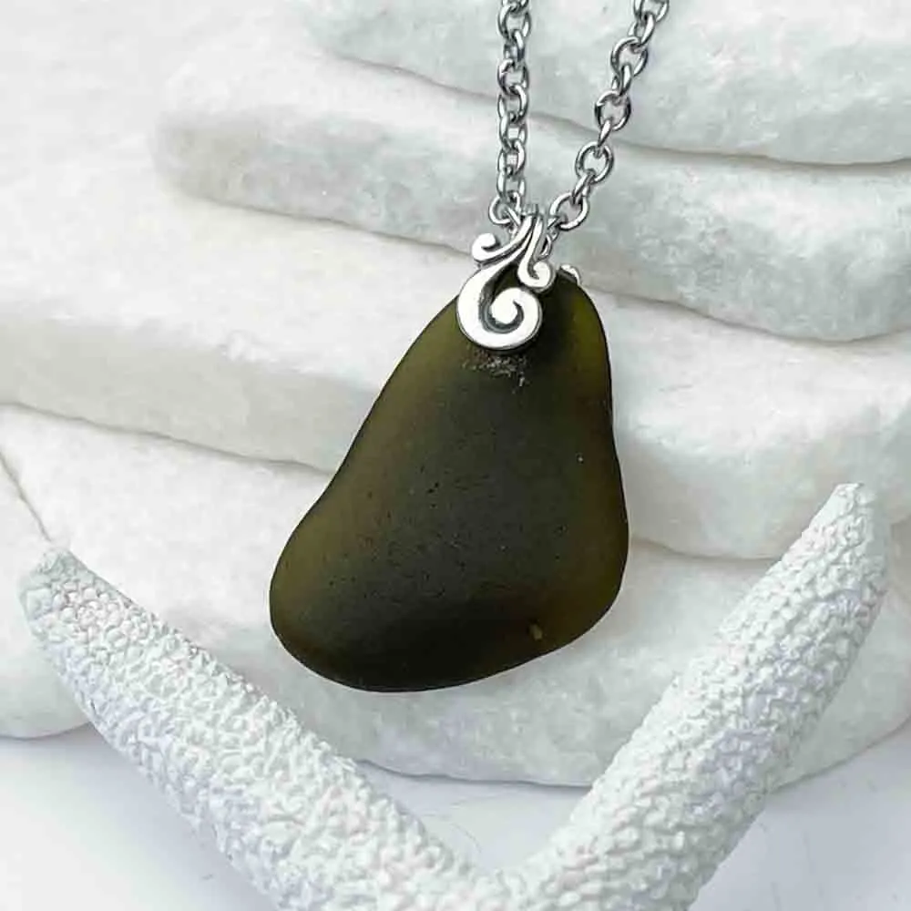 Olive Black Sea Glass Pendant with Sterling Silver Ocean Waves Bail | #1699