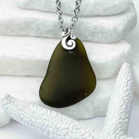 Olive Black Sea Glass Pendant with Sterling Silver Ocean Waves Bail | #1699