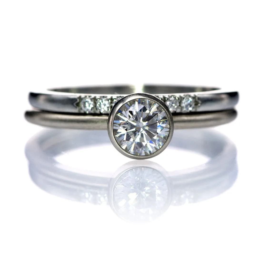 Round Moissanite or Lab Diamond Martini Bezel Skinny Stacking Solitaire Ring