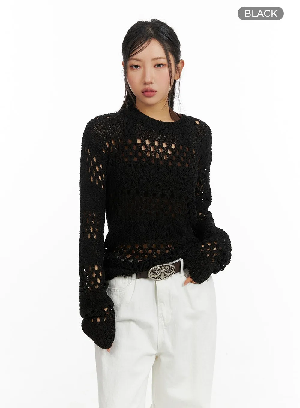 Round Neck Hollow Out Knit Sweater CM408