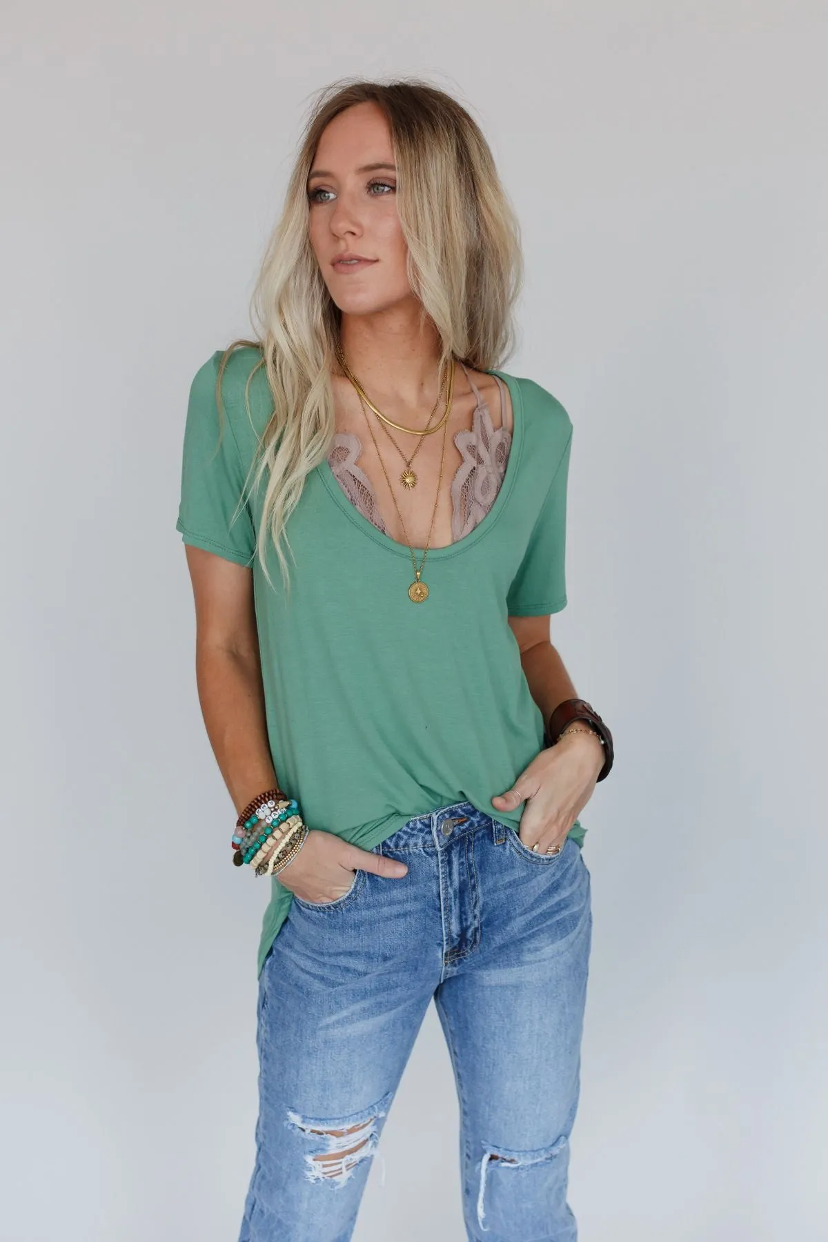 Scoop Neck Bralette Tee - Sage