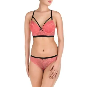 Sexy Bra Panty Set All Over Lace Longline Cage Cup Push Up Bra Set-tea Rose For Women