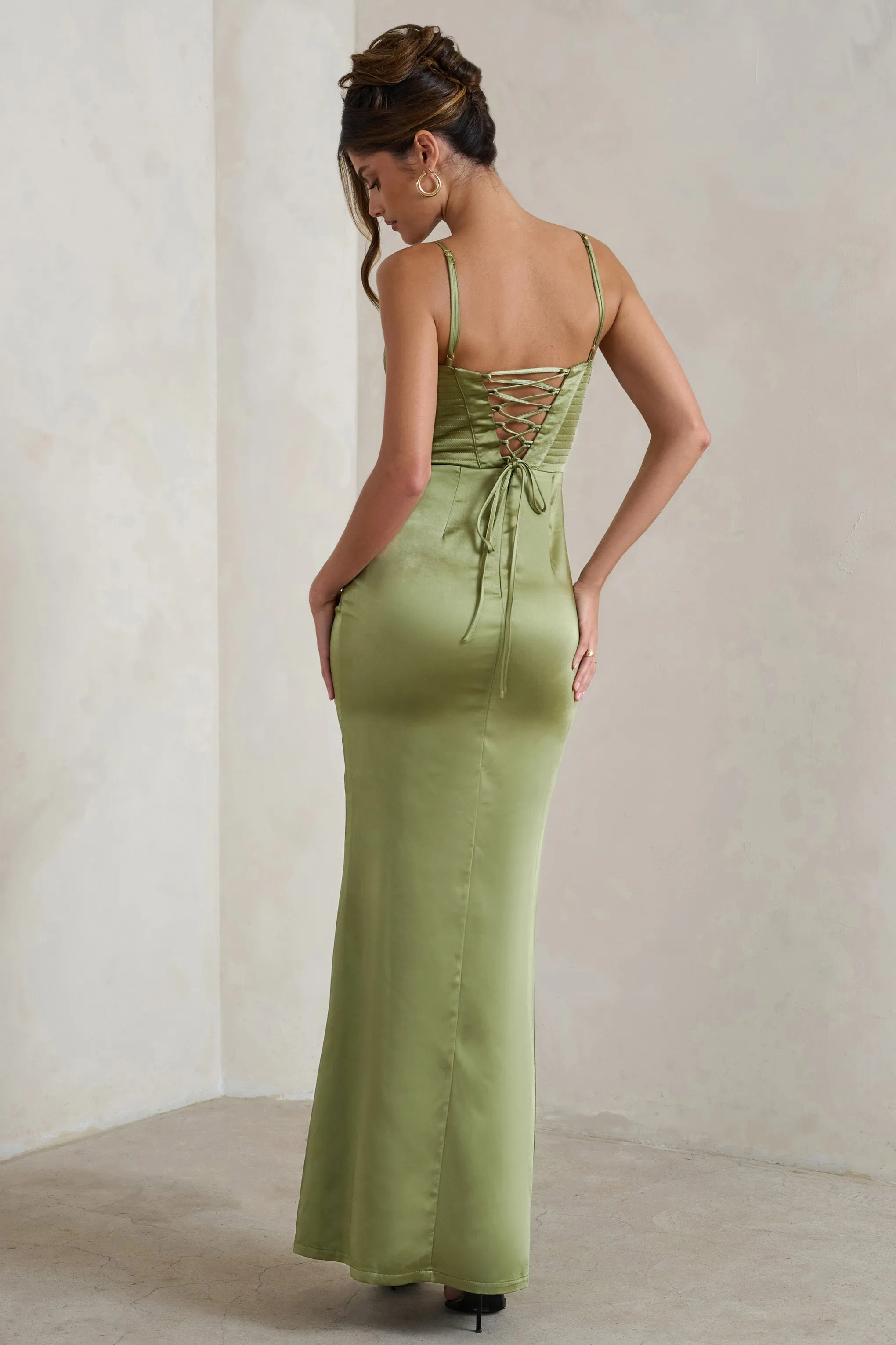 Starlight | Olive Green Cowl Corset Satin Wrap Maxi Dress