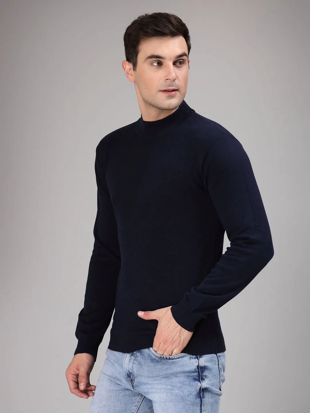 Style Quotient Men Solid Navy Knitted Regular Sweater