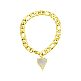 Tarnish Resistant 14K Gold Plated Stainless Steel Figaro Bracelet With Crystal Halo Mother-of-Pearl Heart