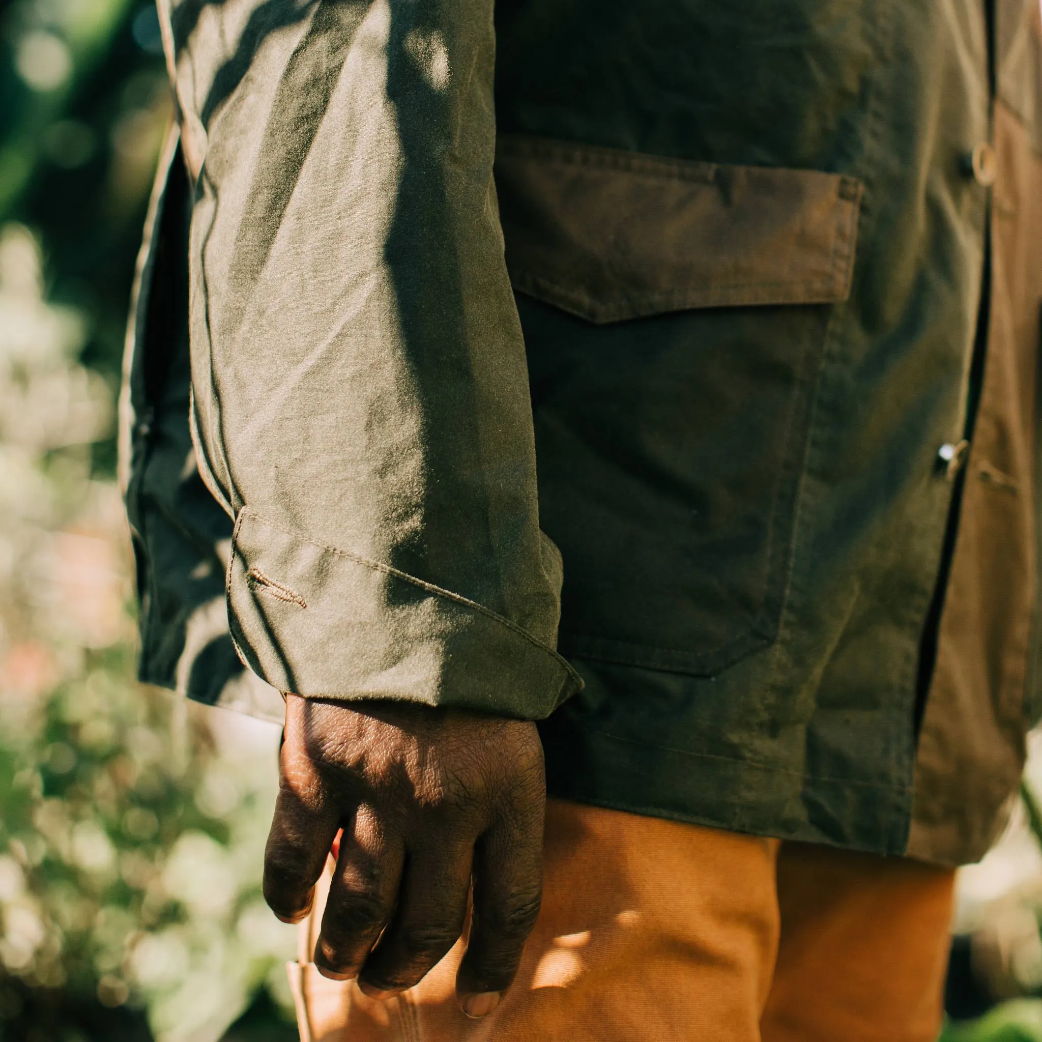 The Task Jacket in Waxed Khaki and Olive Patchwork