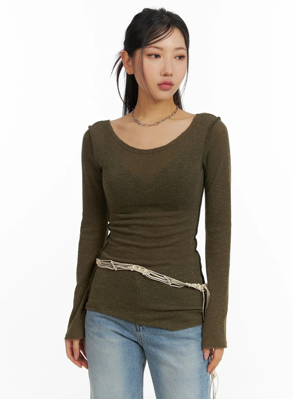 U-Neck Stitch Detail Long Sleeve CM411