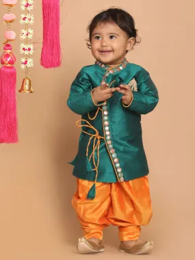 VASTRAMAY Boy's Green Embroidered Angrakha Mirror Work Kurta with Dhoti Pants