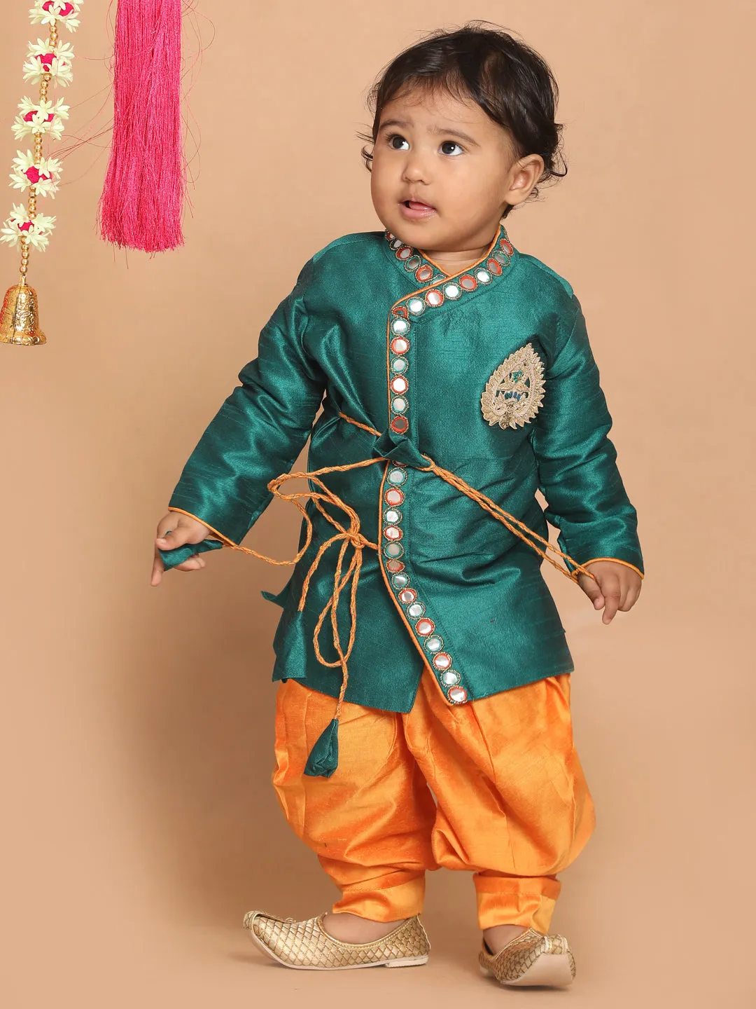 VASTRAMAY Boy's Green Embroidered Angrakha Mirror Work Kurta with Dhoti Pants