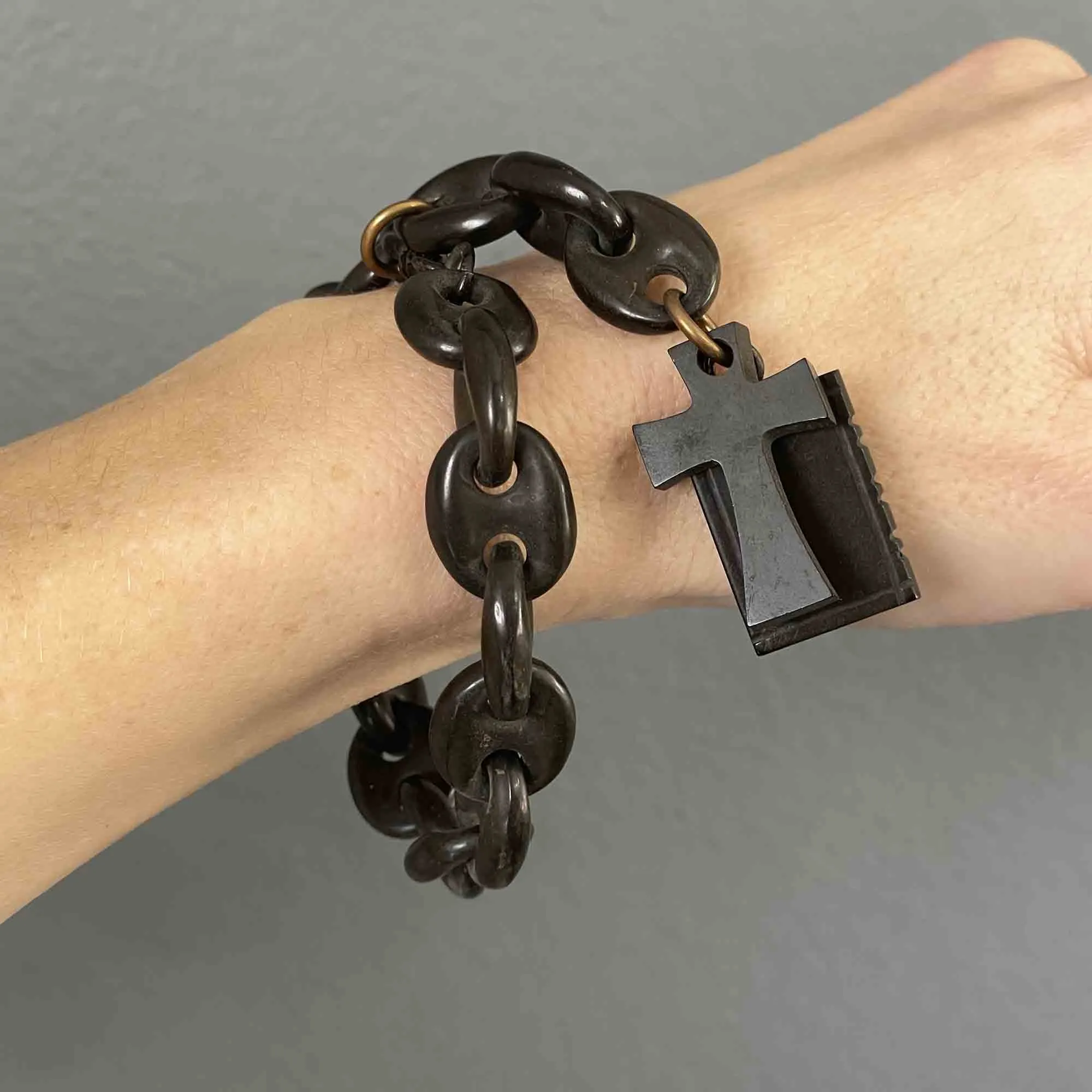 Victorian Gutta Percha Cross Book Charm Bracelet