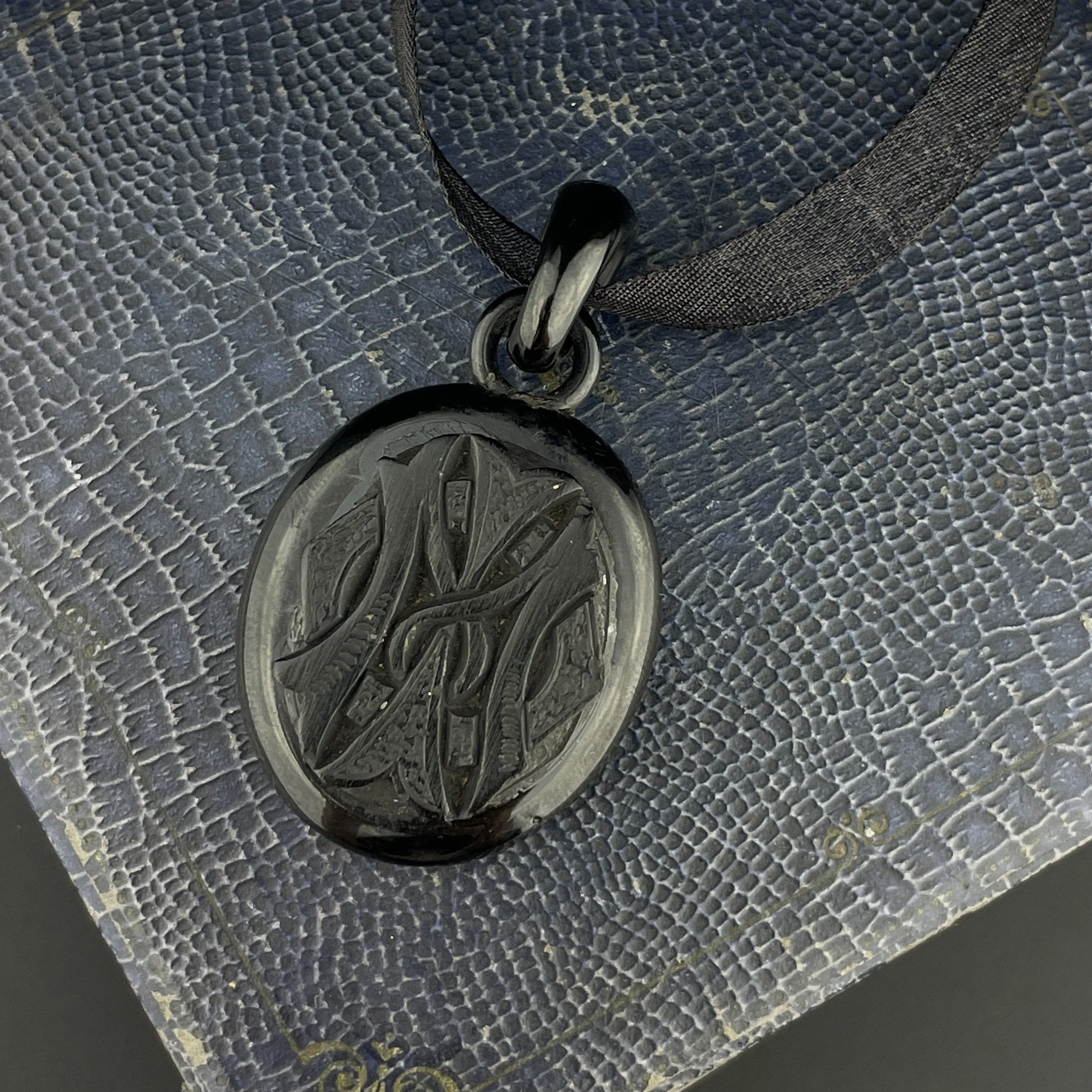 Victorian Mourning Carved Whitby Jet Pendant