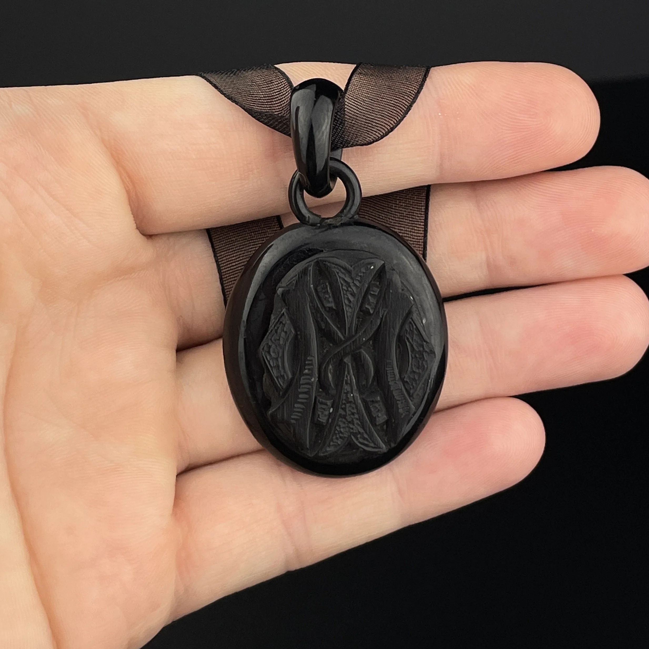 Victorian Mourning Carved Whitby Jet Pendant