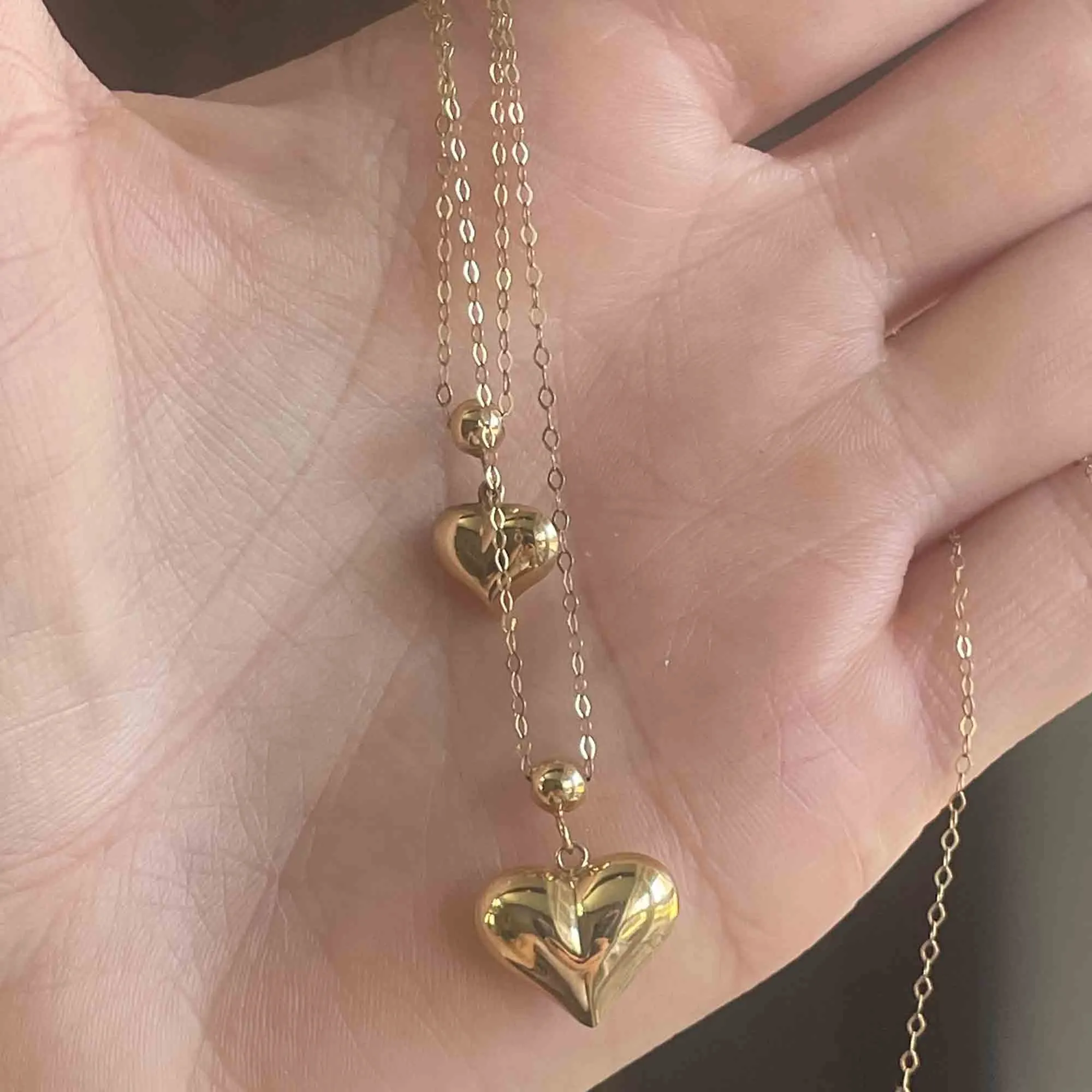 Vintage 10K Gold Double Puffy Heart Charm Necklace