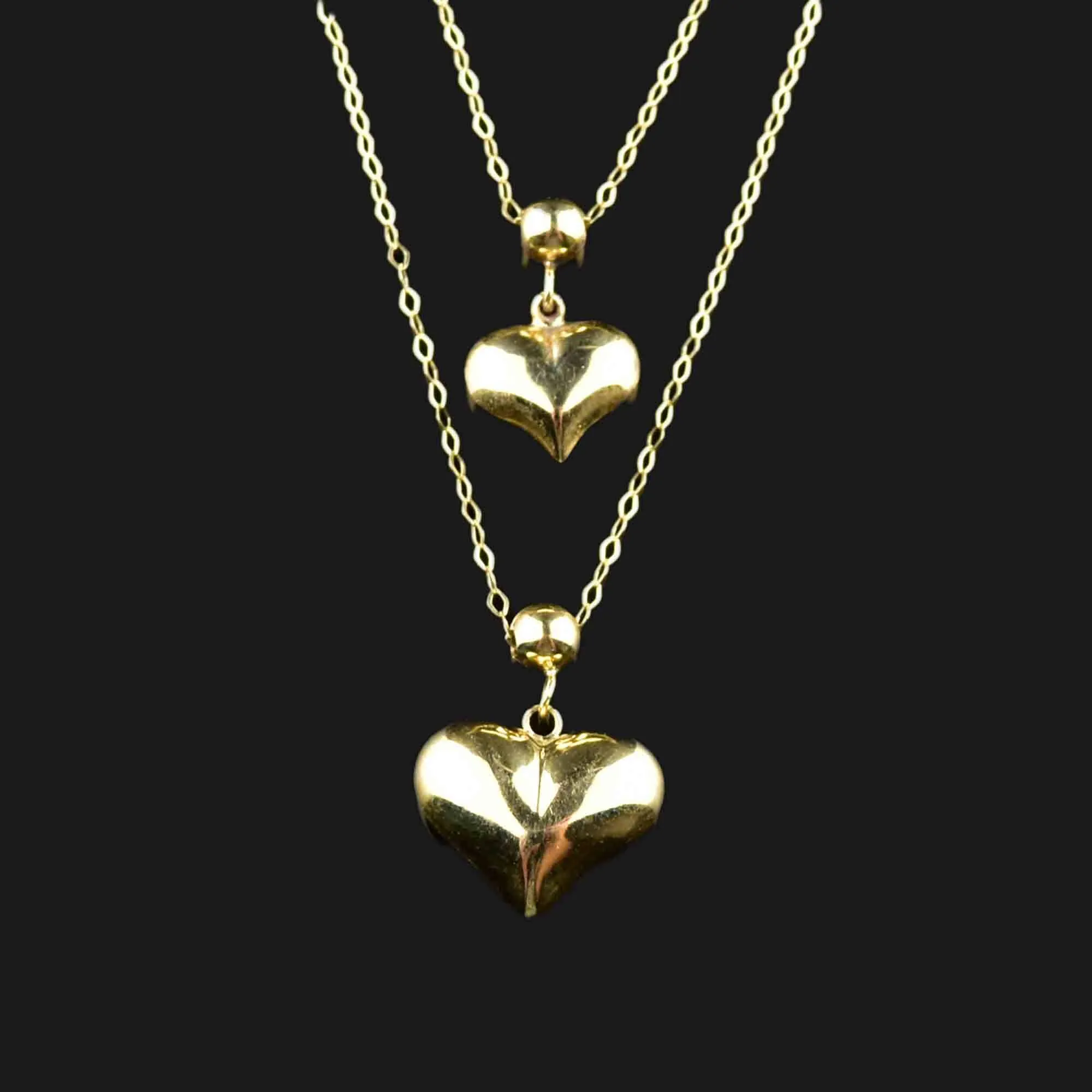 Vintage 10K Gold Double Puffy Heart Charm Necklace