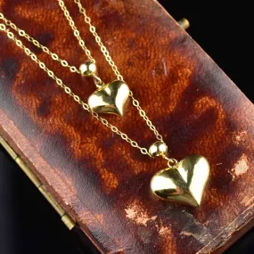 Vintage 10K Gold Double Puffy Heart Charm Necklace