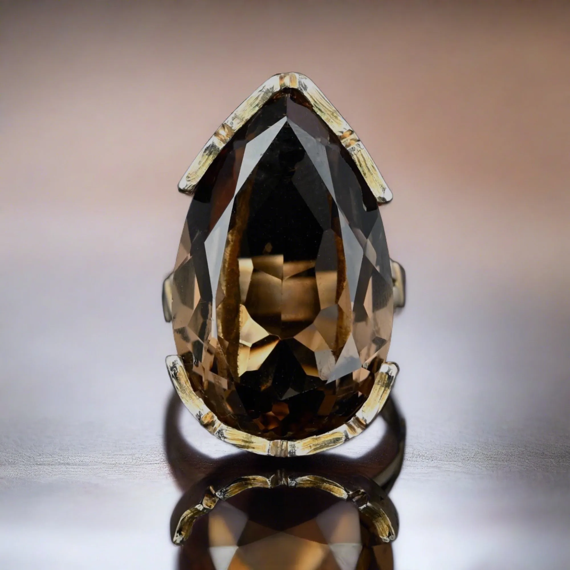 Vintage 13.5 CTW Pear Cut Smoky Quartz Ring in 14K Gold