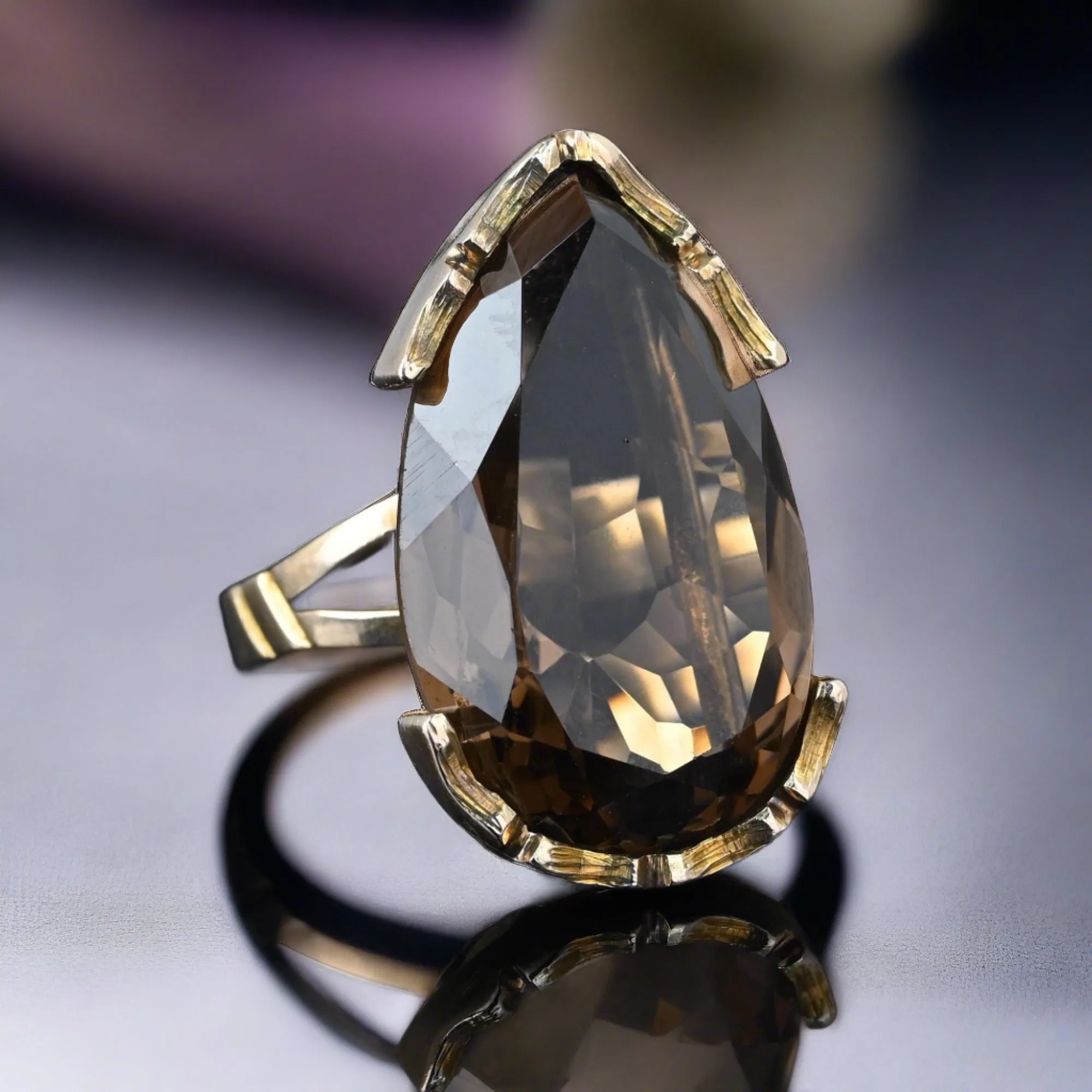 Vintage 13.5 CTW Pear Cut Smoky Quartz Ring in 14K Gold