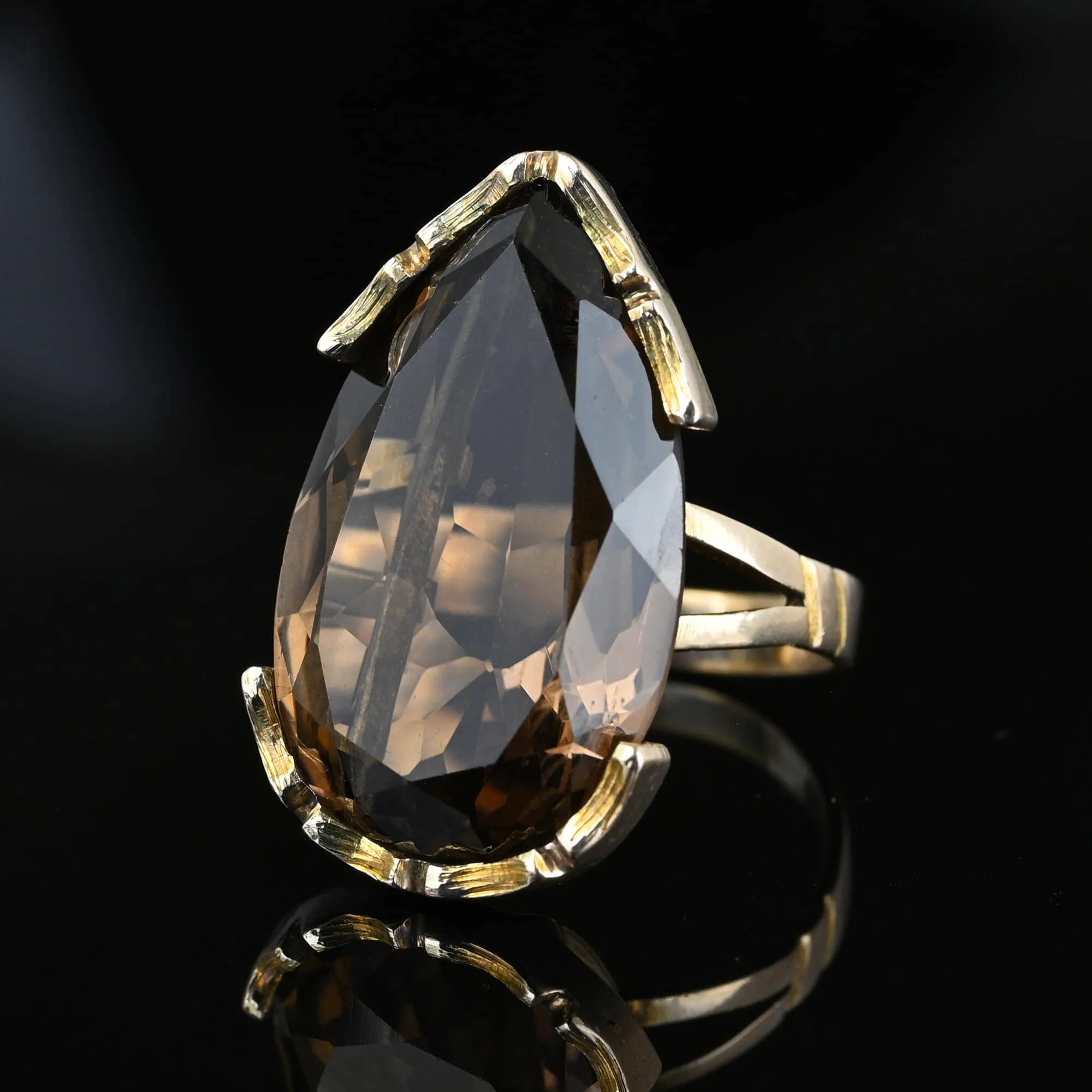 Vintage 13.5 CTW Pear Cut Smoky Quartz Ring in 14K Gold