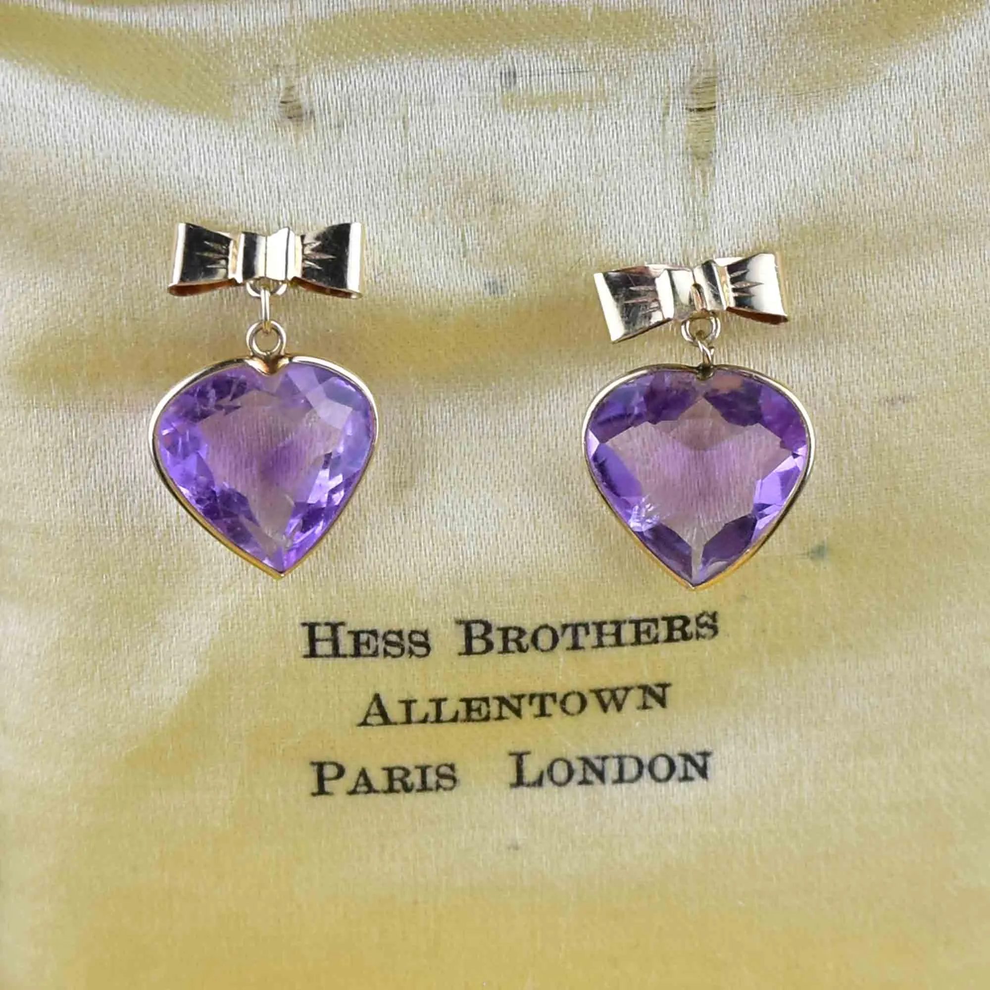 Vintage 14K Gold Bow Amethyst Heart Stud Drop Earrings