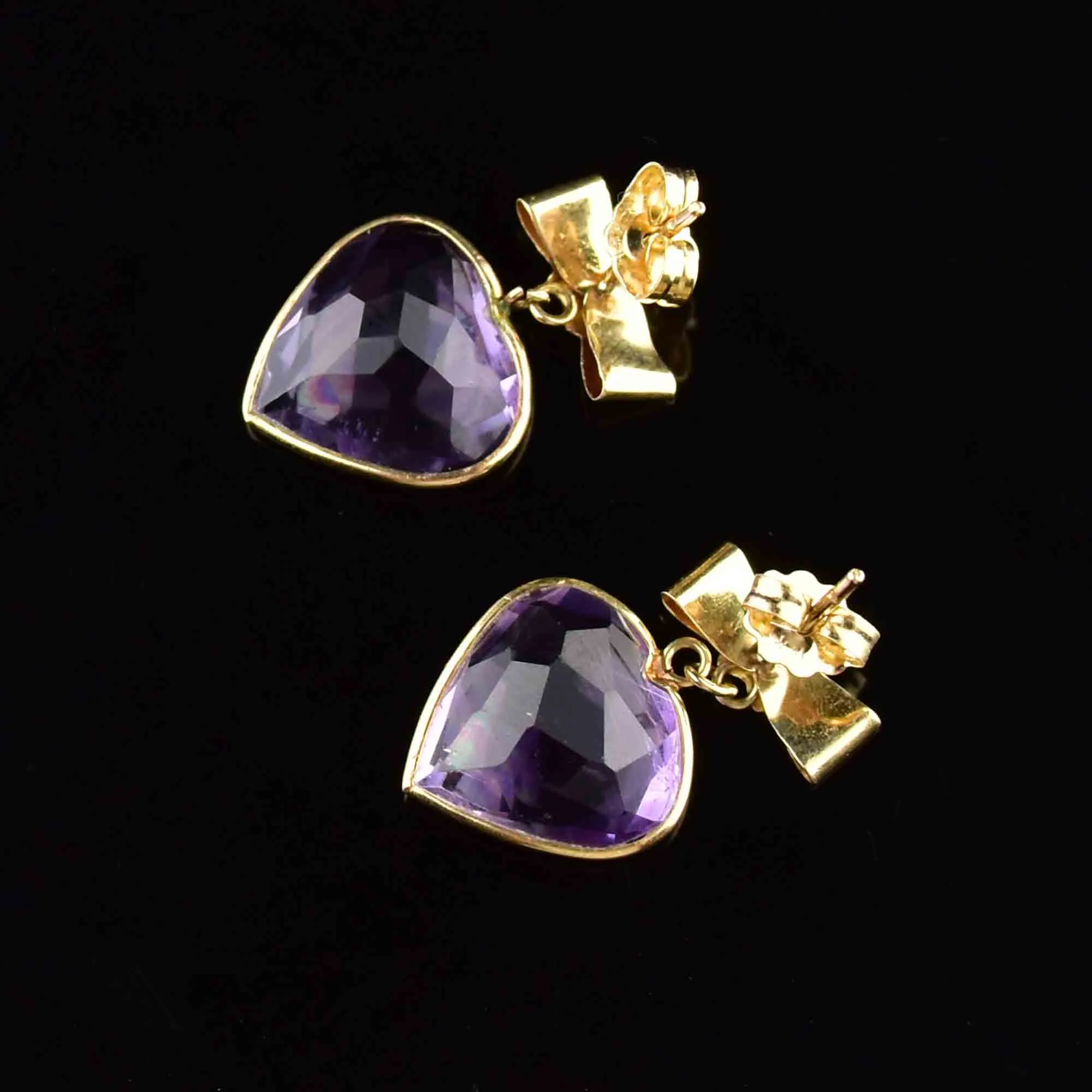 Vintage 14K Gold Bow Amethyst Heart Stud Drop Earrings