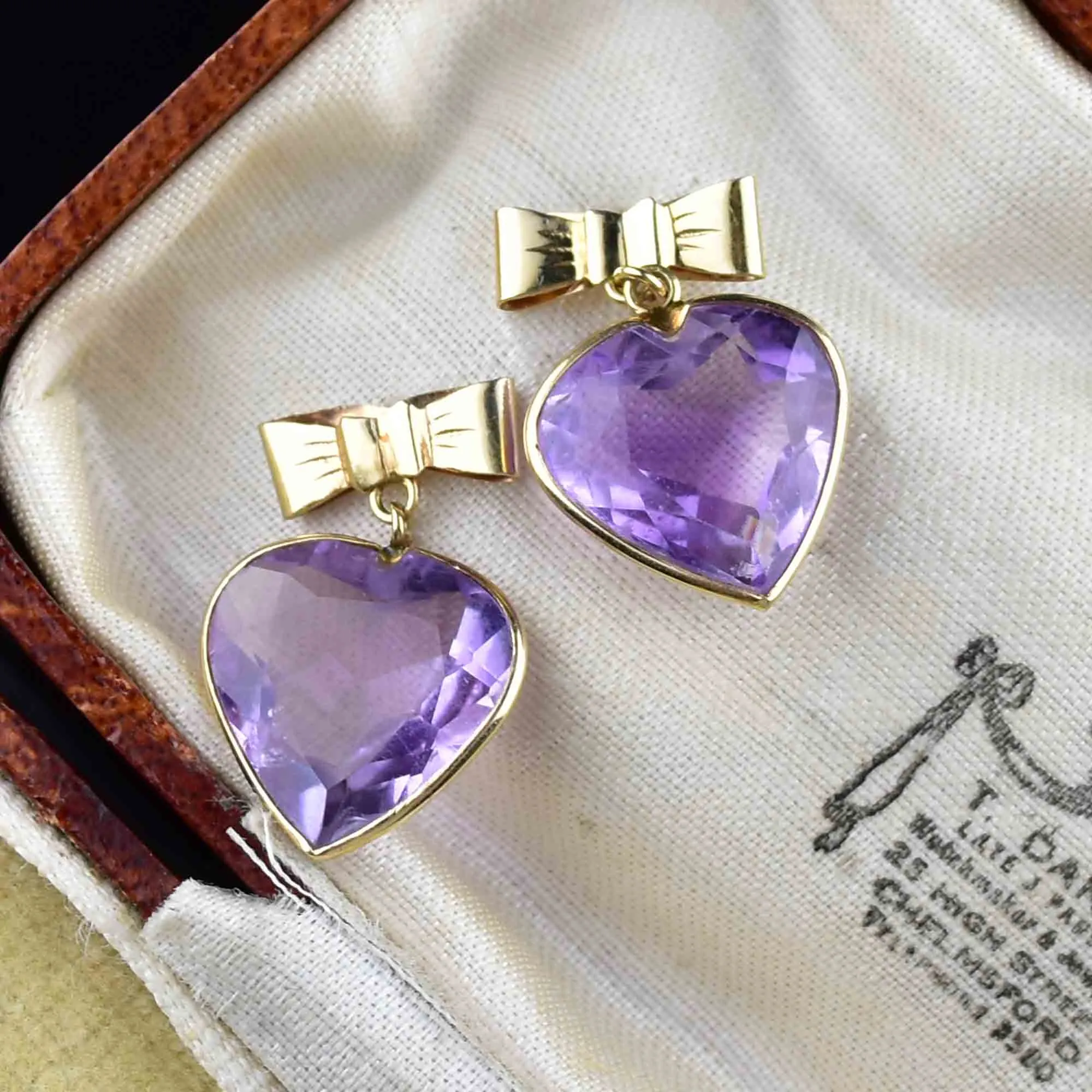 Vintage 14K Gold Bow Amethyst Heart Stud Drop Earrings