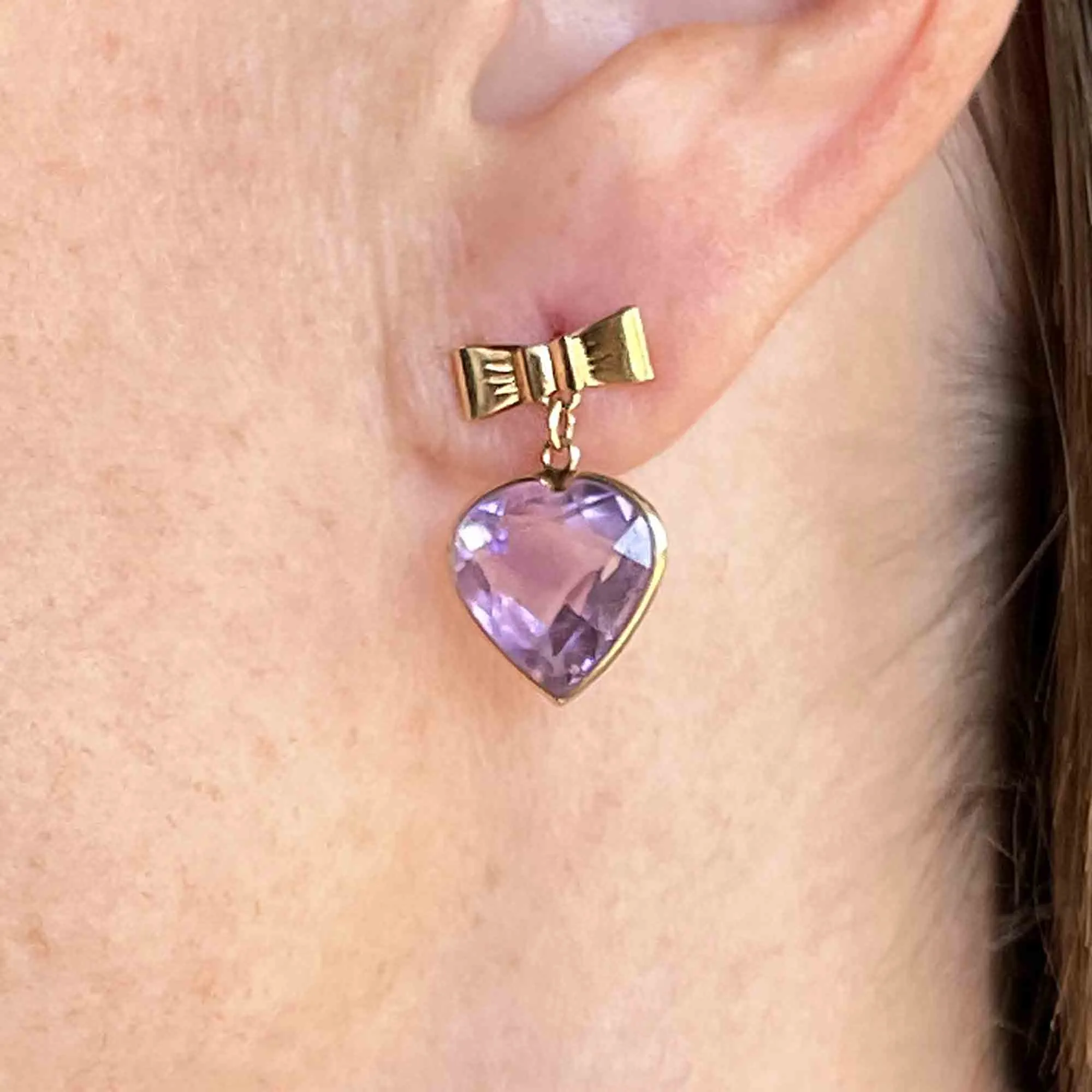 Vintage 14K Gold Bow Amethyst Heart Stud Drop Earrings