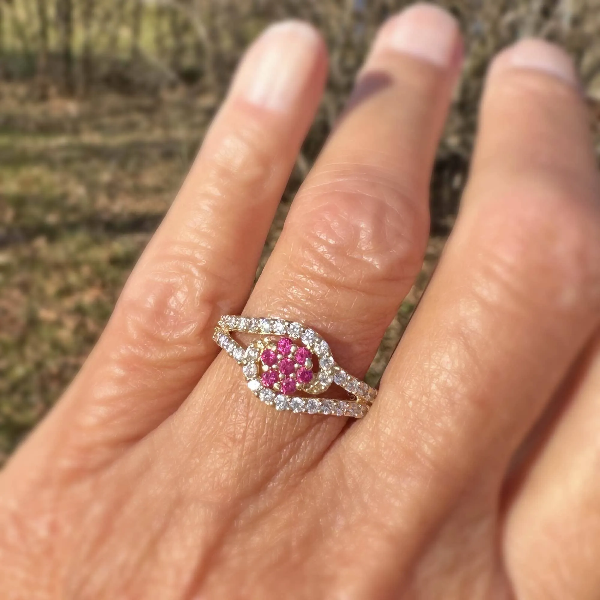 Vintage 14K Gold Bypass Flower Cluster Ruby Ring