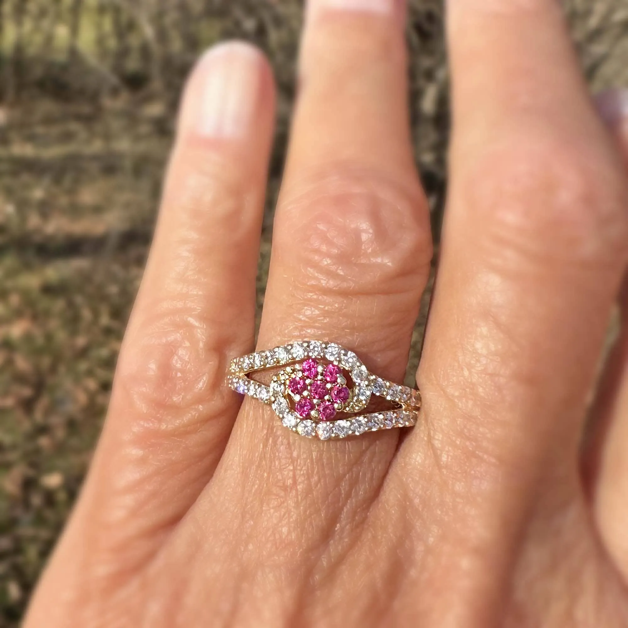 Vintage 14K Gold Bypass Flower Cluster Ruby Ring