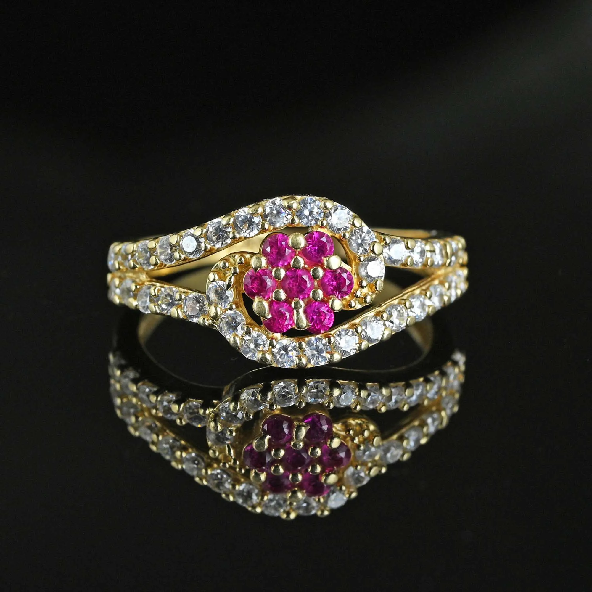 Vintage 14K Gold Bypass Flower Cluster Ruby Ring