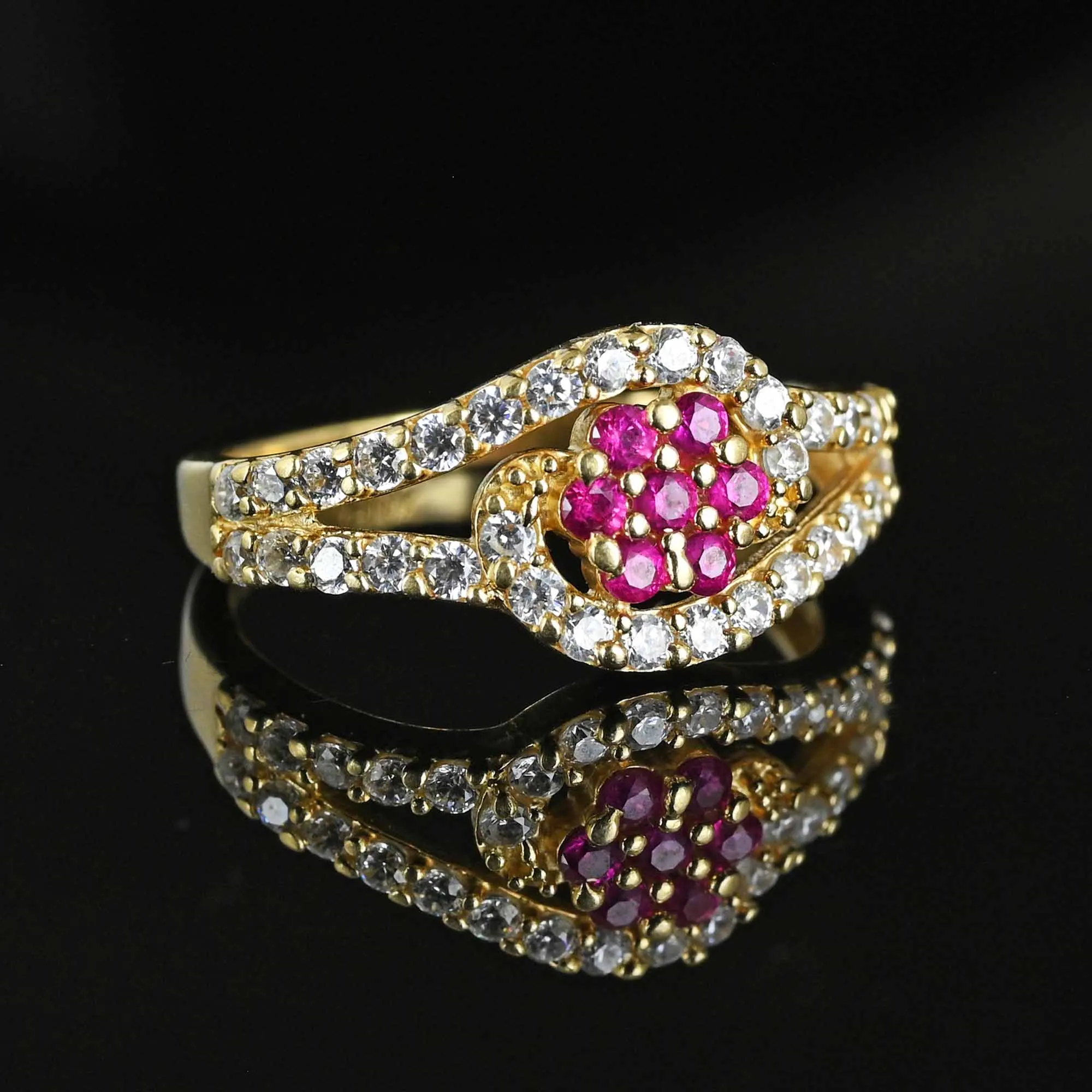 Vintage 14K Gold Bypass Flower Cluster Ruby Ring