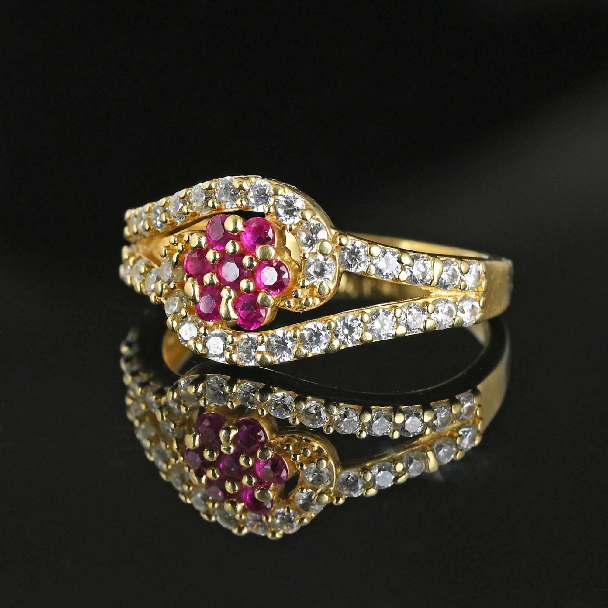 Vintage 14K Gold Bypass Flower Cluster Ruby Ring