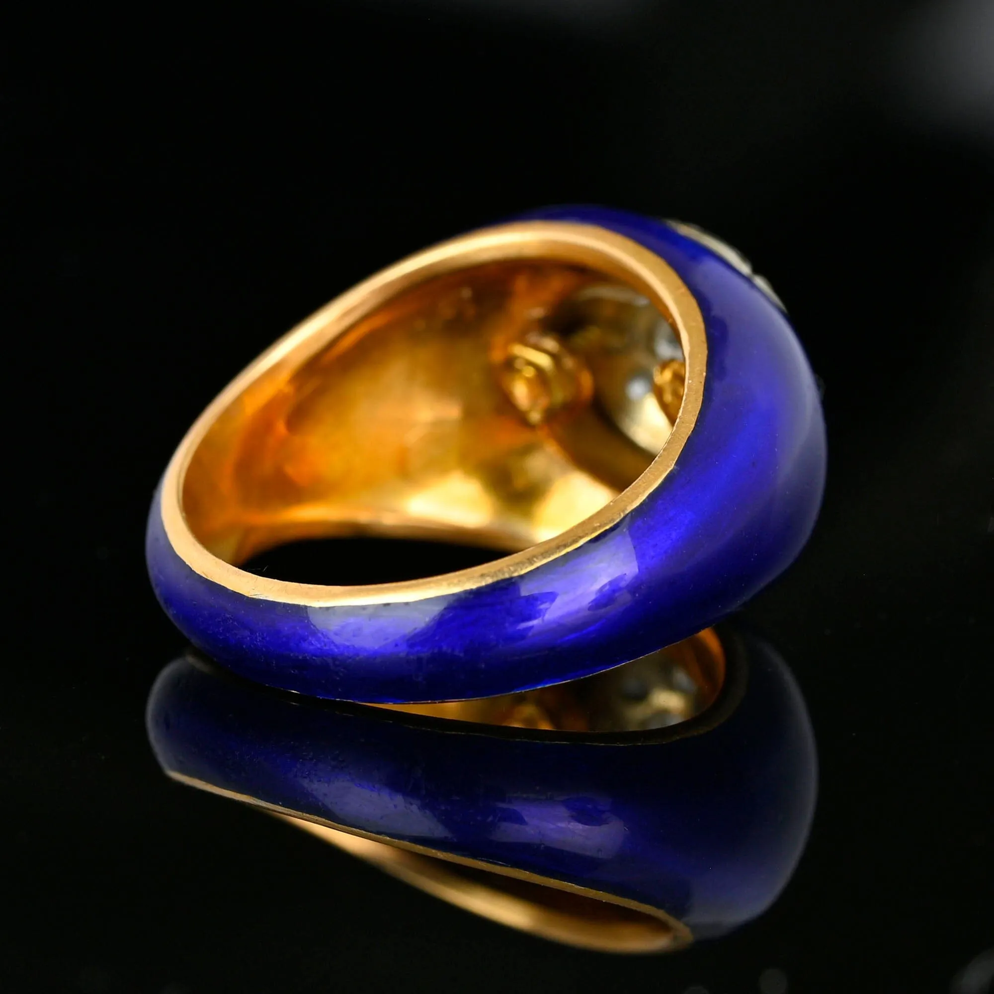 Vintage 14K Gold Cobalt Blue Enamel Diamond Dome Ring