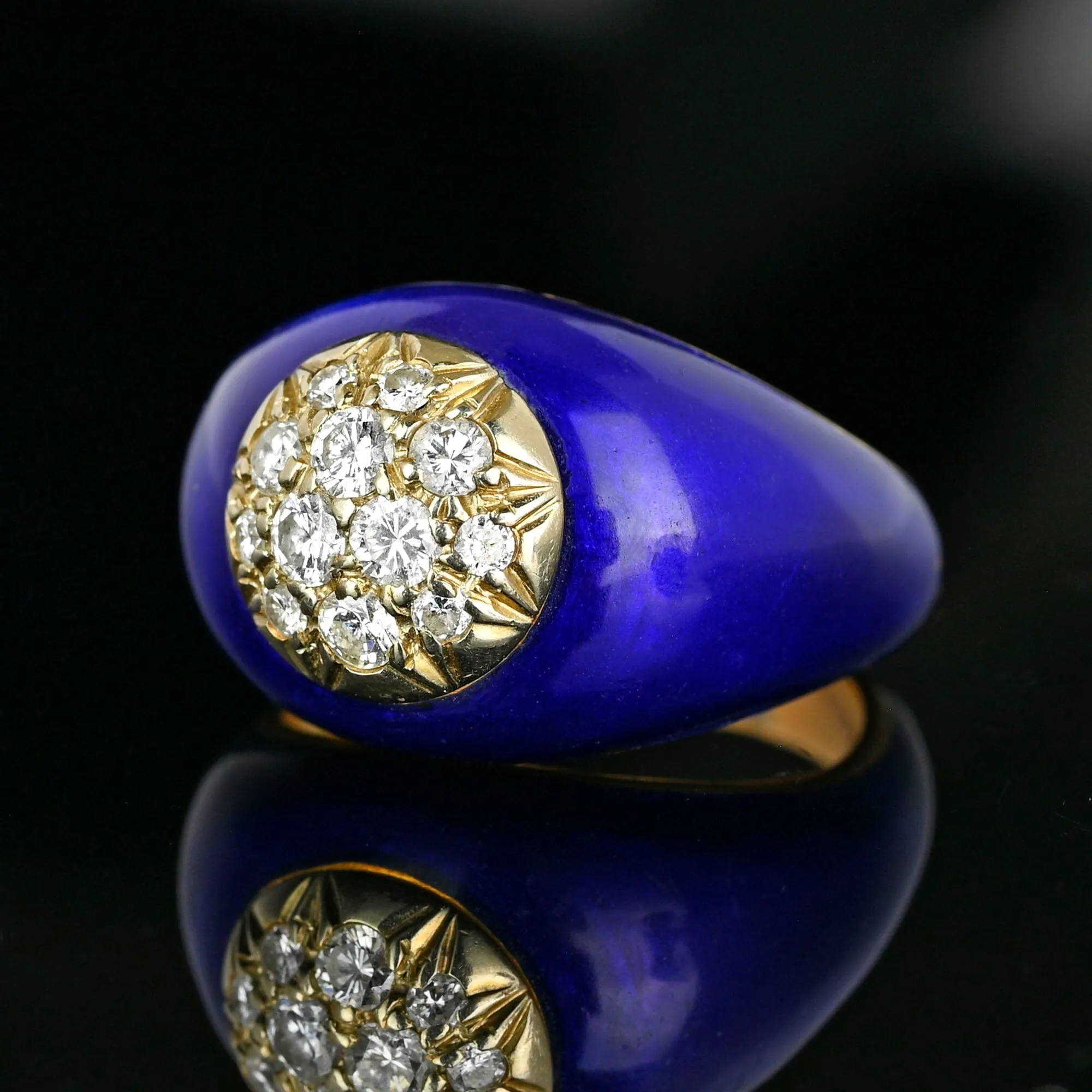 Vintage 14K Gold Cobalt Blue Enamel Diamond Dome Ring