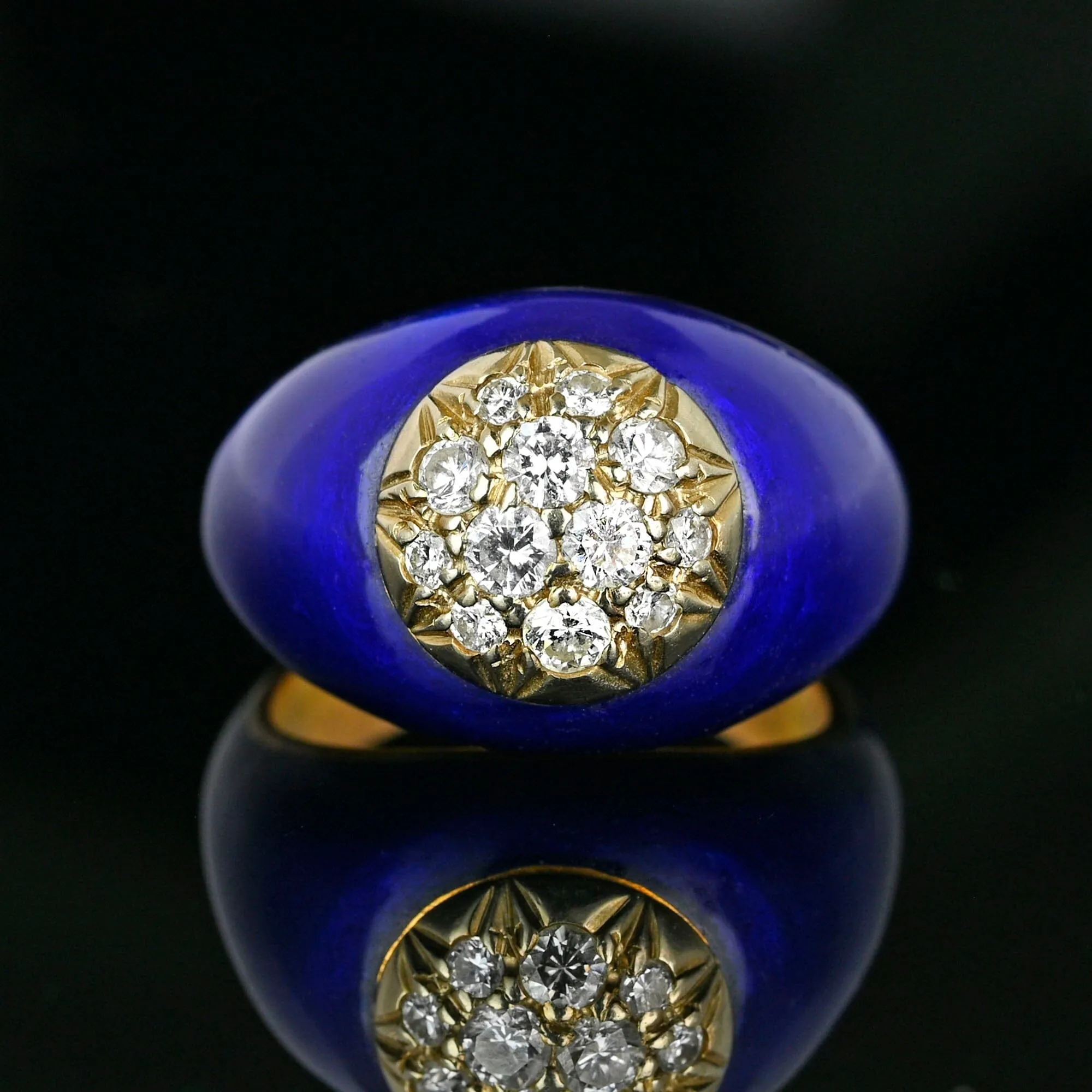 Vintage 14K Gold Cobalt Blue Enamel Diamond Dome Ring