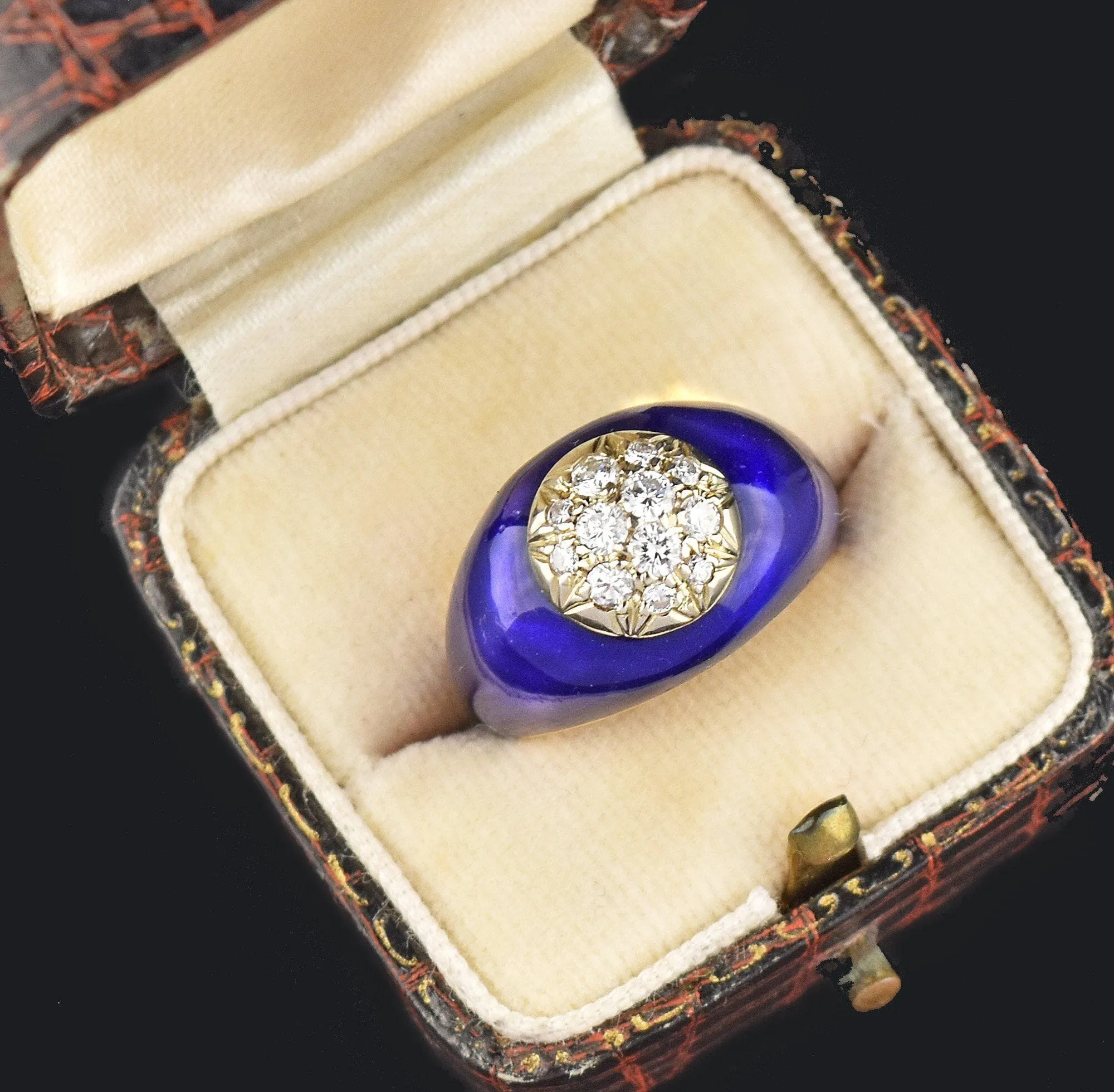 Vintage 14K Gold Cobalt Blue Enamel Diamond Dome Ring