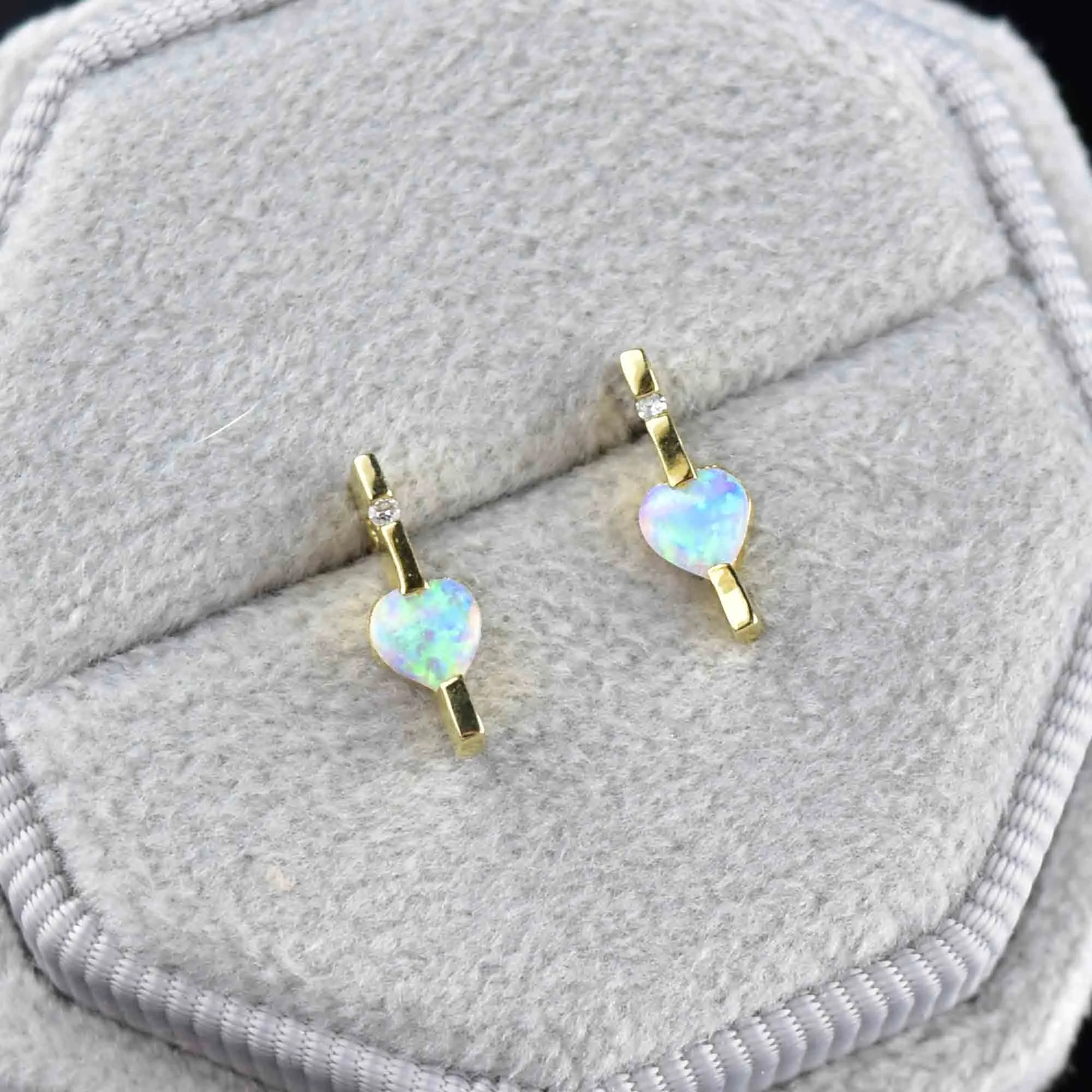 Vintage 14K Gold Var Diamond Opal Heart Earrings