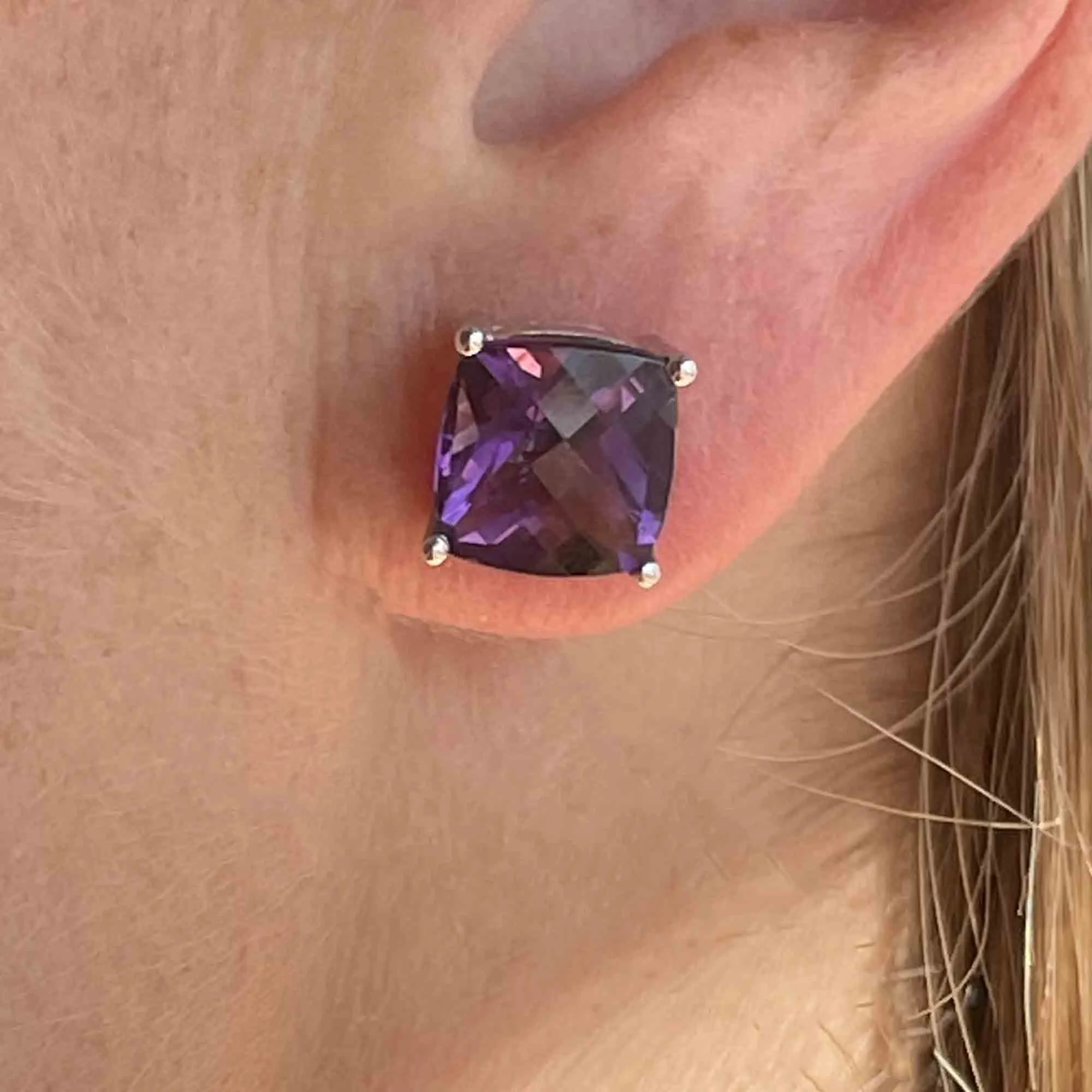 Vintage 14K White Gold Amethyst Square Cut Stud Earrings