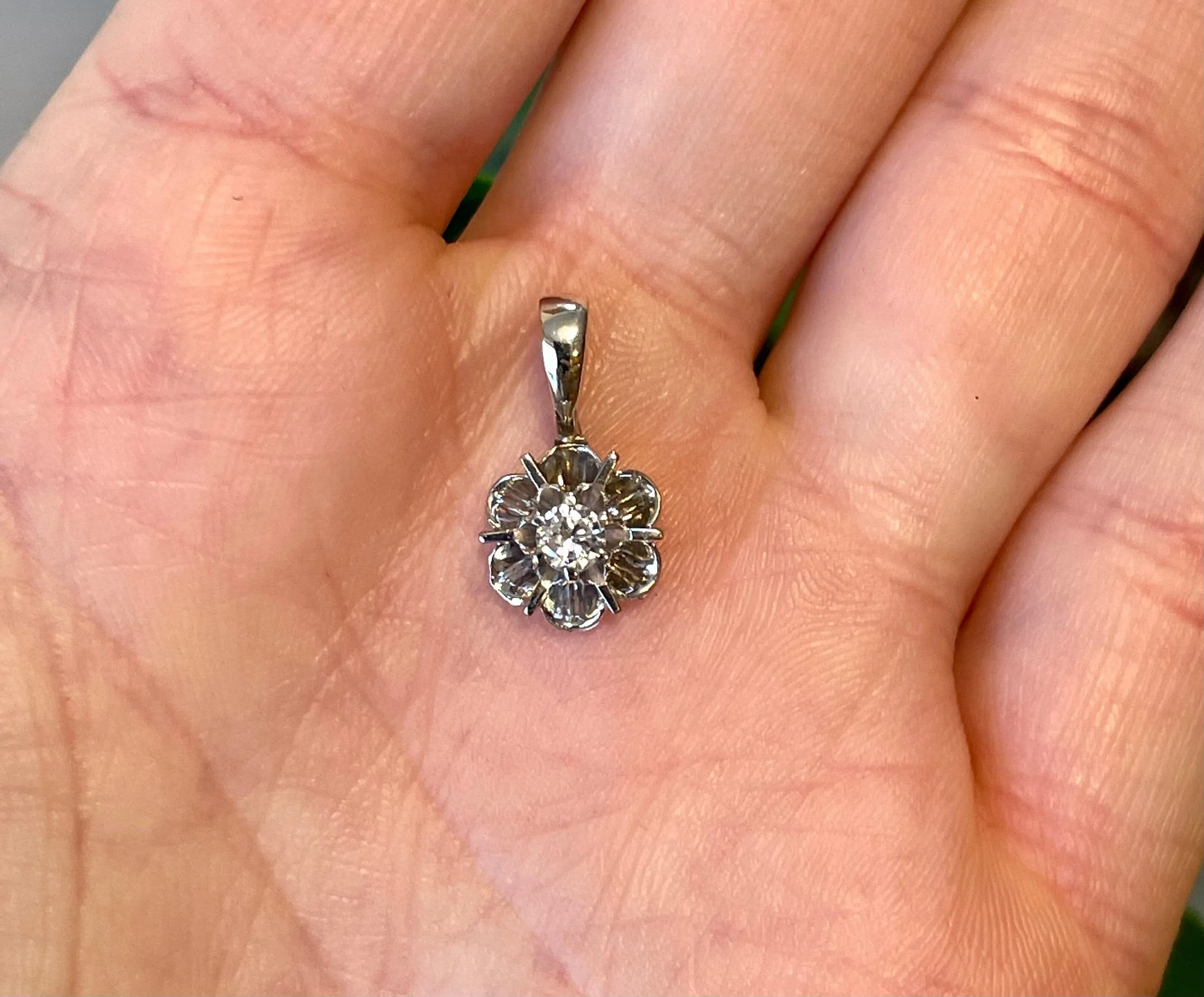 Vintage 14K White Gold Diamond Buttercup Pendant