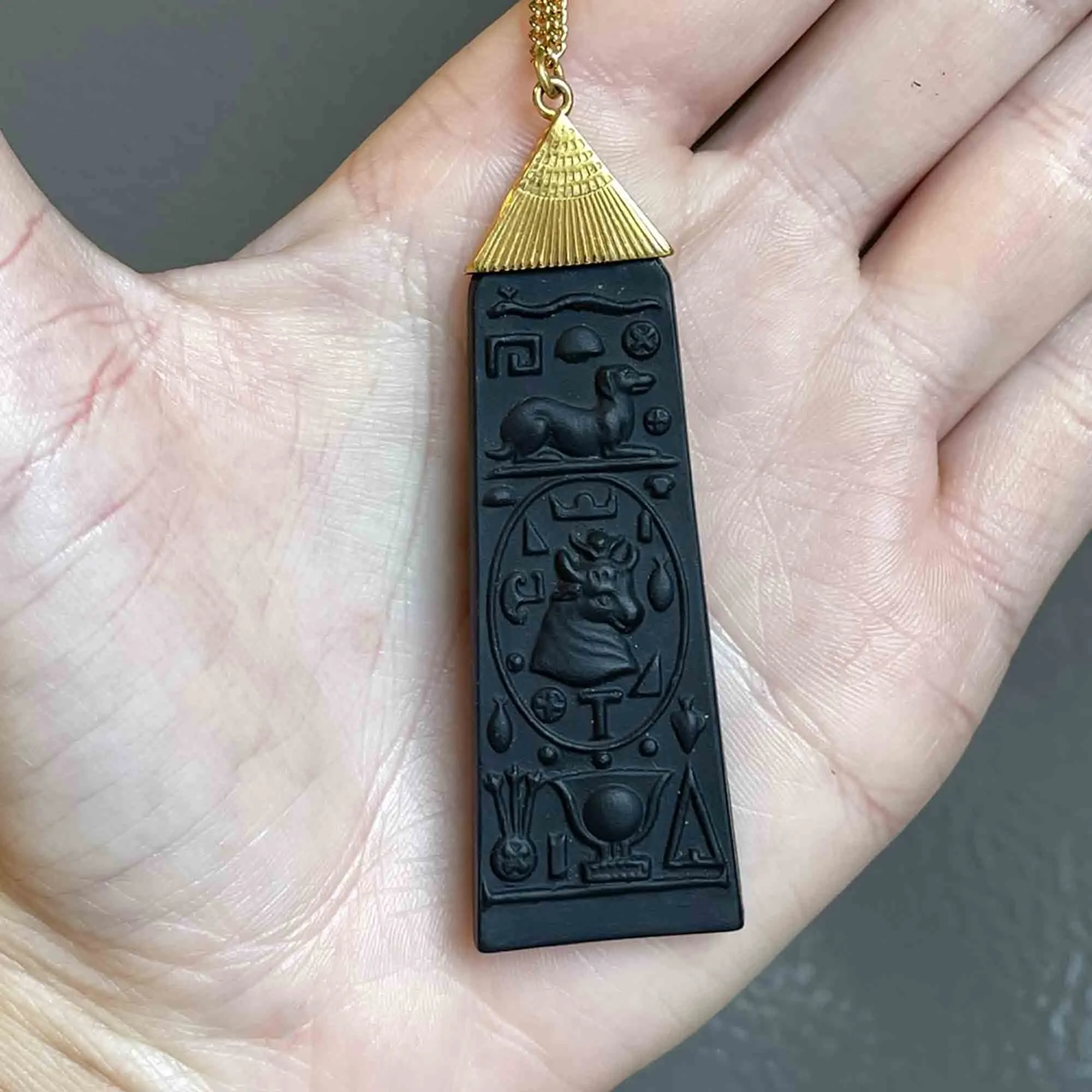 Vintage Black Wedgwood Carved Egyptian Pendant Necklace