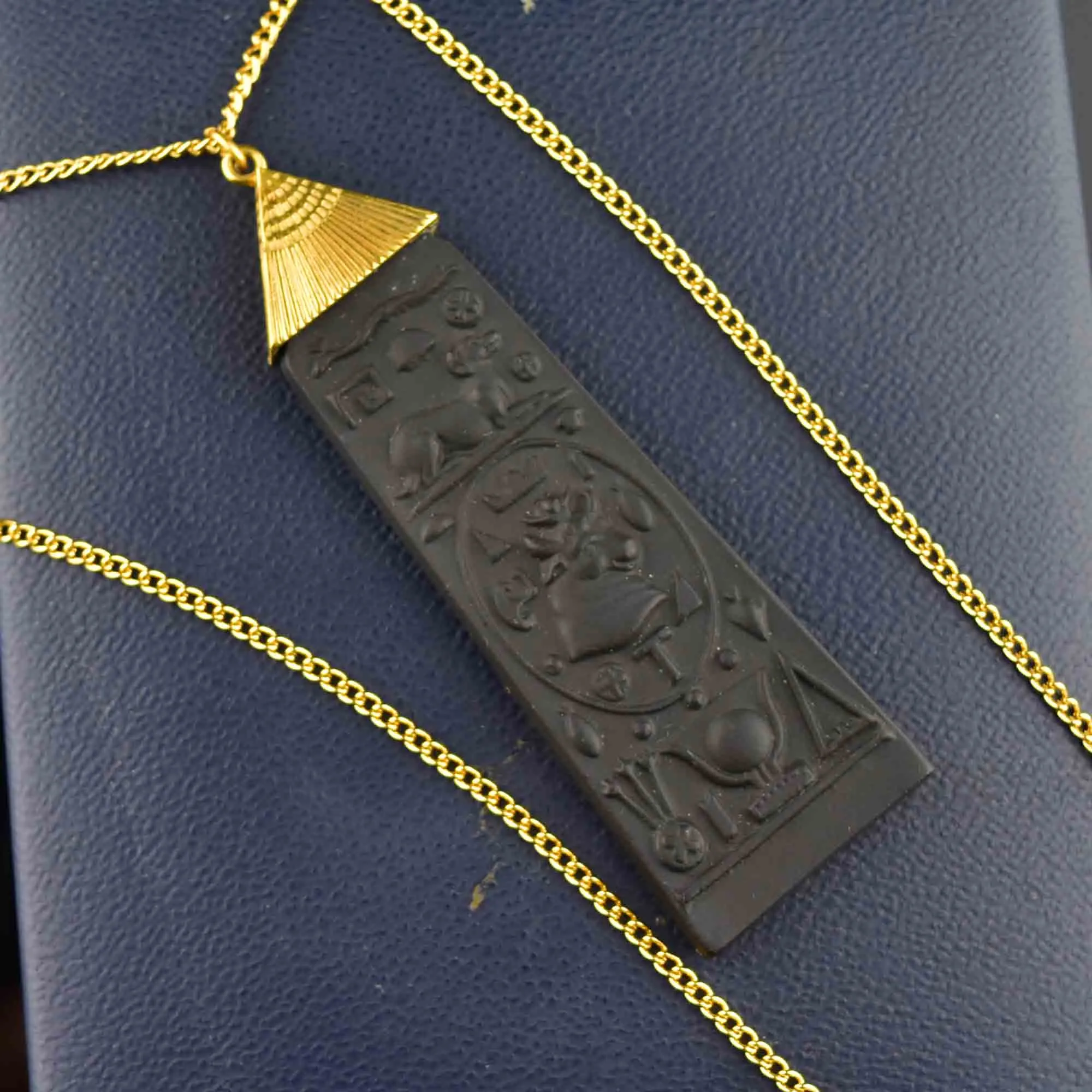 Vintage Black Wedgwood Carved Egyptian Pendant Necklace