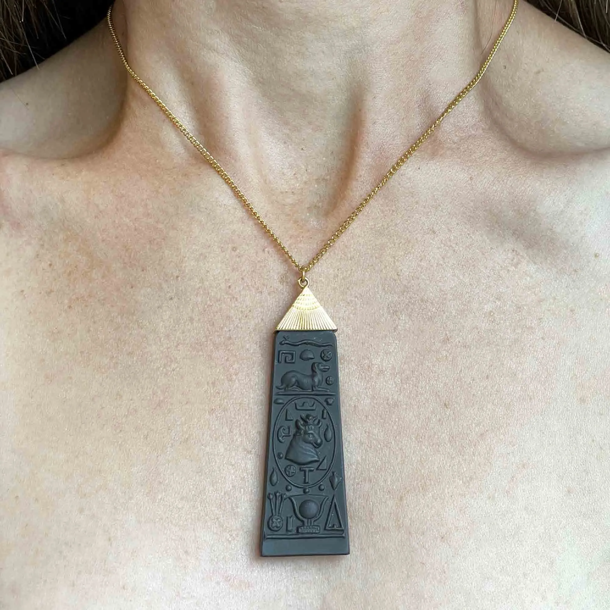 Vintage Black Wedgwood Carved Egyptian Pendant Necklace